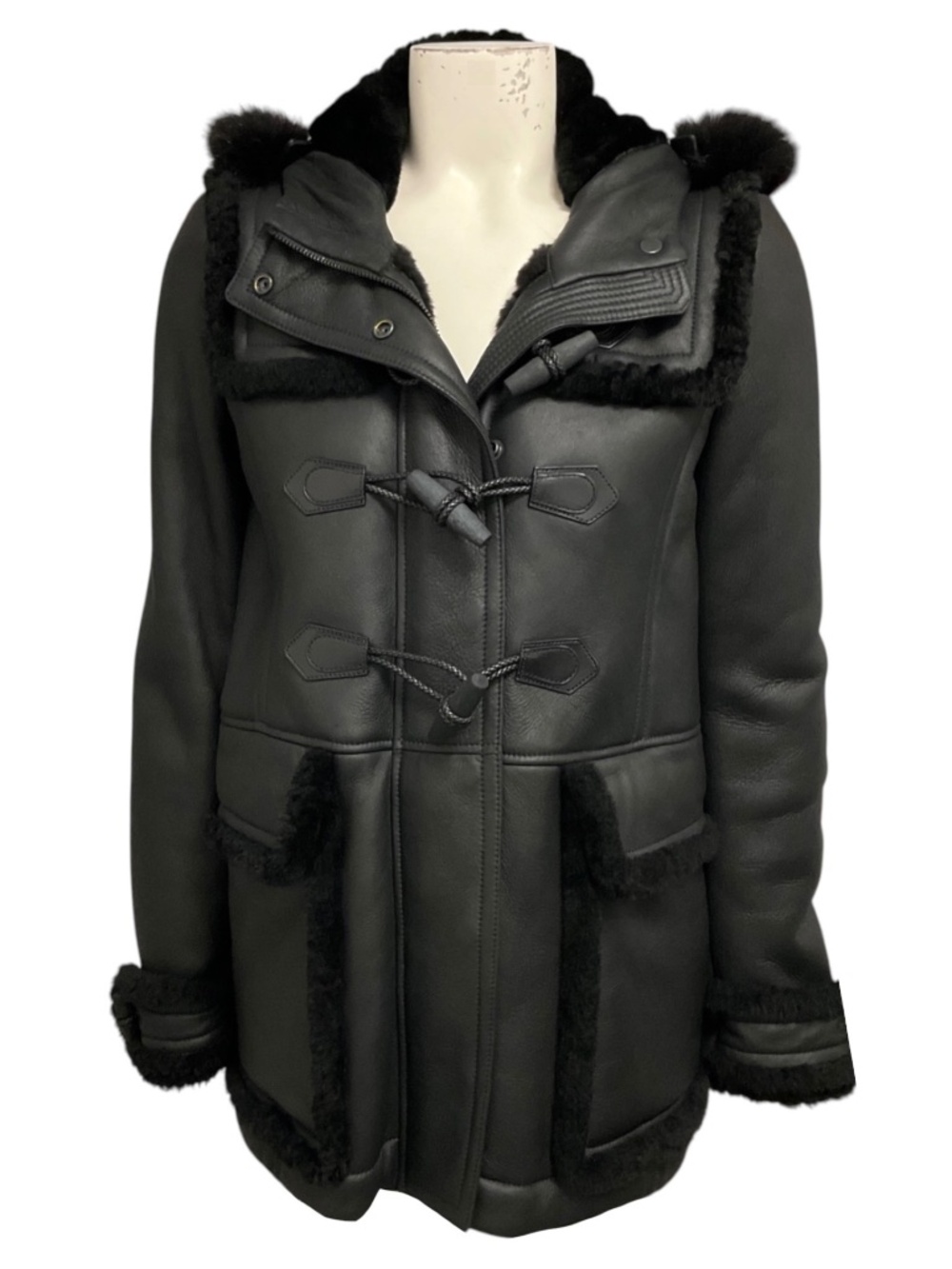 BURBERRY BRIT BLACK SHEARLING LINED LEATHER JACKET WITH FUR TRIMMED HOOD